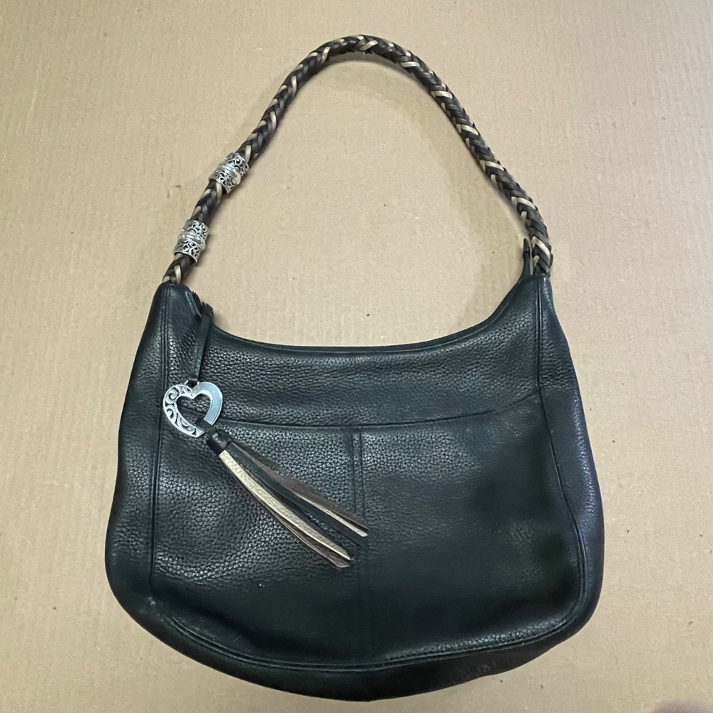 Authentic Brighton Barbados Black Pebbled Leather Braided Strap Zip Top Hobo Bag
